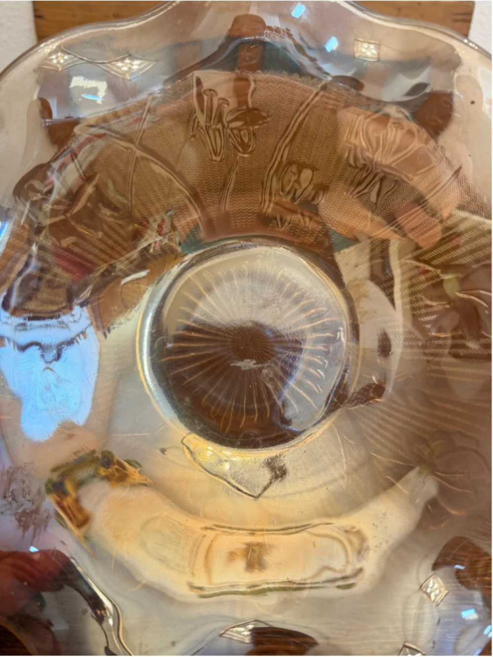 Vintage Amber Depression Glass Ruffled Console Bowl Etched Floral Serving -CH